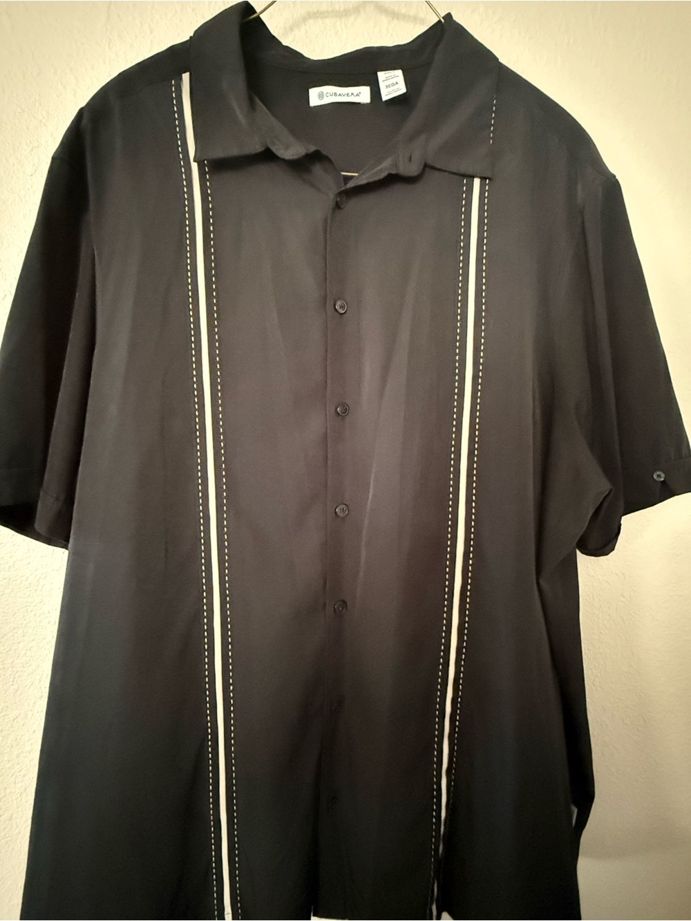 Cubavera Black Short-Sleeve Button-Down Shirt with Ivory Twin Stripes